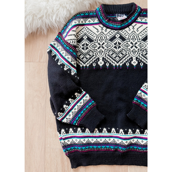 Vintage Dale of Norway Fiemme Black Purple Turquoise Wool Pullover Sweater Mens - Picture 8 of 8